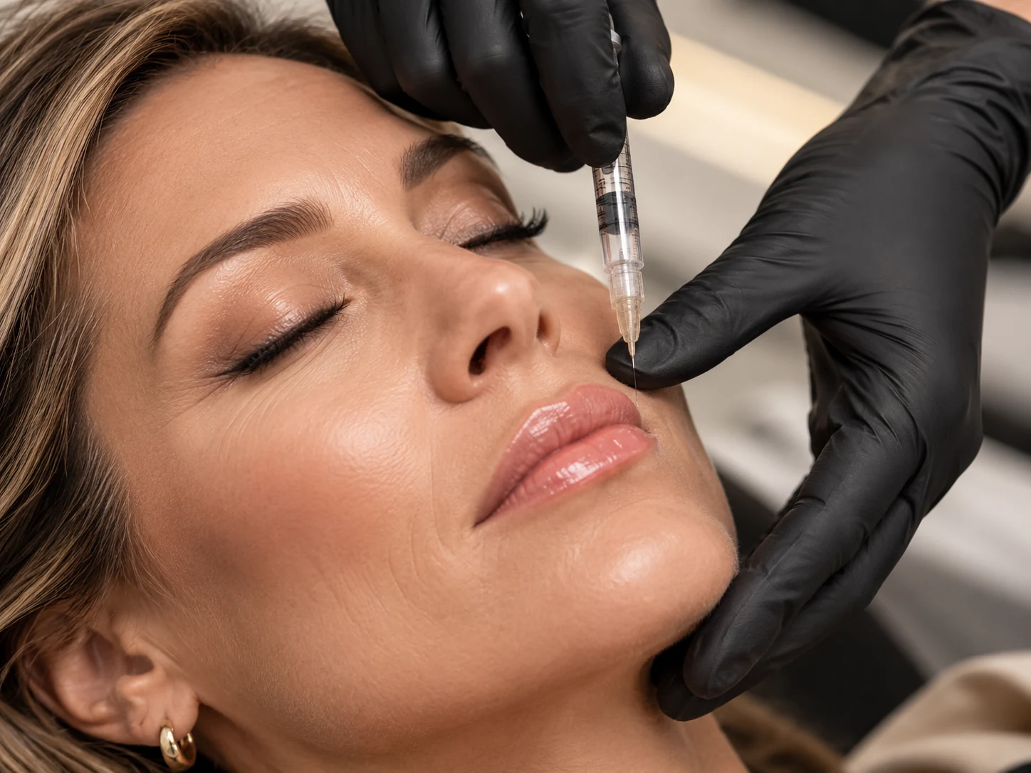 Injectables lip filler treatment by a gloved provider