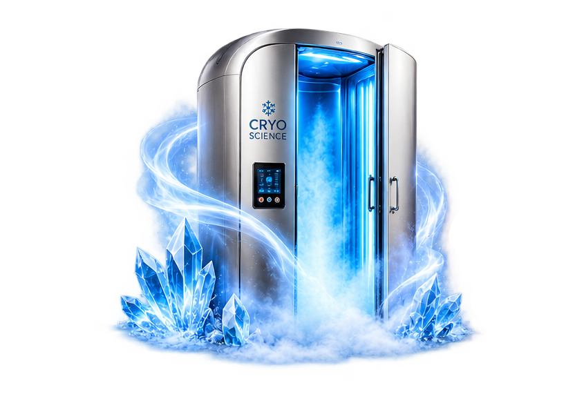 Approved cryotherapy chamber artwork with ice-blue frost and crystals