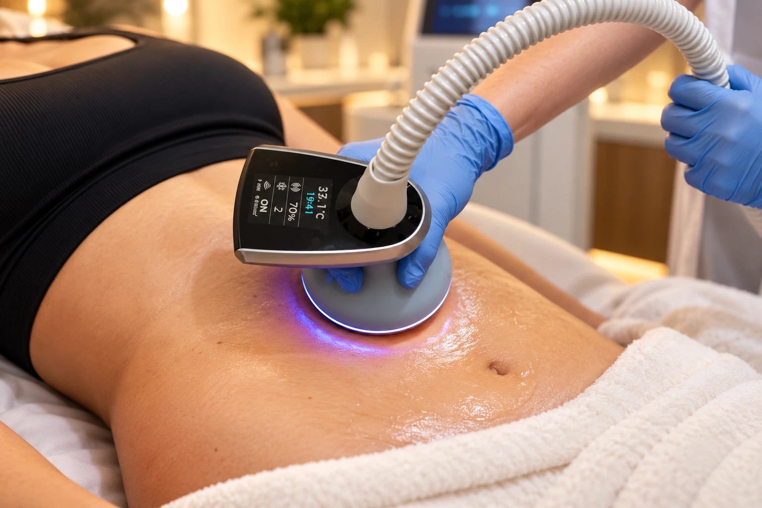 Exion Body treatment using a radiofrequency handpiece on the abdomen