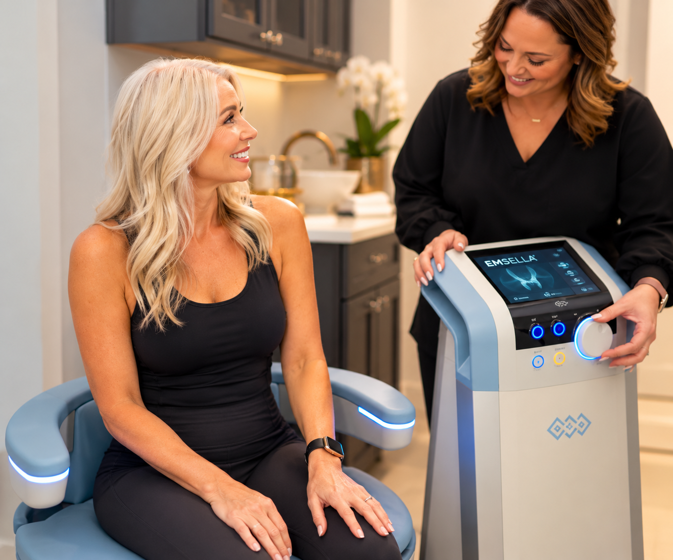 Patient seated in the Emsella chair with a clinician operating the treatment device