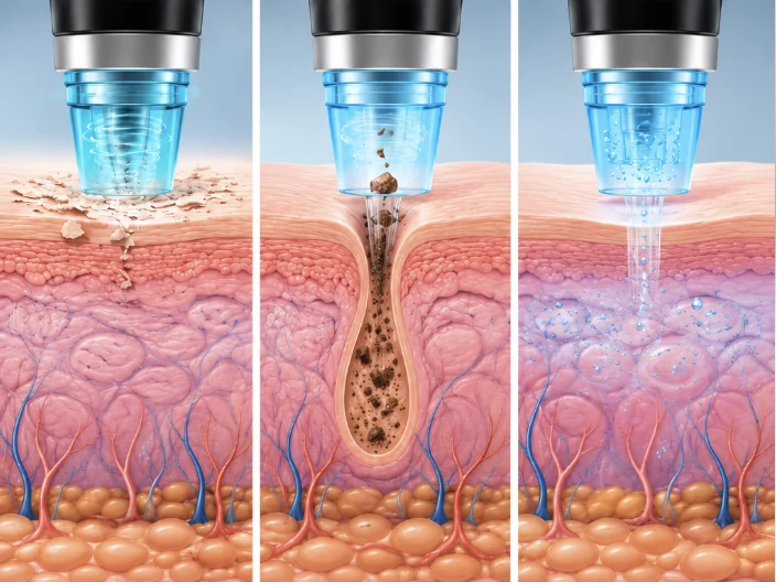 HydraFacial three-stage illustration: cleanse, extract and hydrate